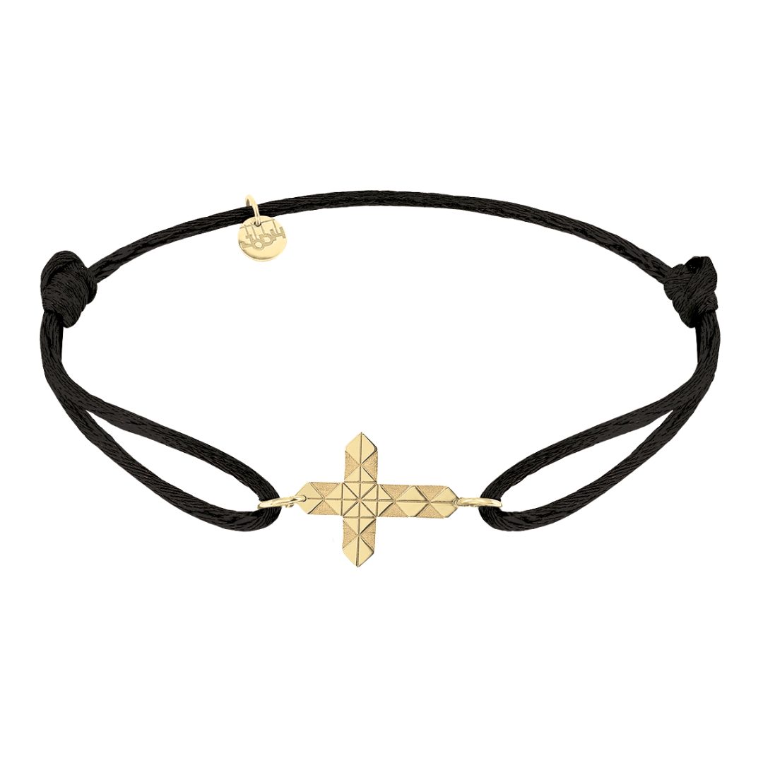 Bracelet cordon croix facettes Or jaune 18 carats noir